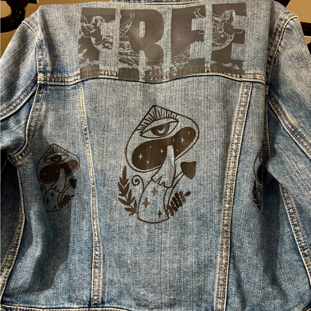 American Eagle Outfitters Blue Jean Jacket with Black Graphic